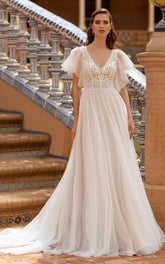 PERFECT V-neck A-Line Romantic Wedding Dress For Woman Lace Tulle Illusion Short Sleeves with Sweep Train Backless Bridal Gowns Picture Color 14W